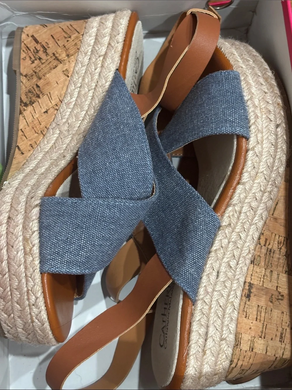 Catherine Malandrino Denim Blue Cross-Strap Wedge Sandals
